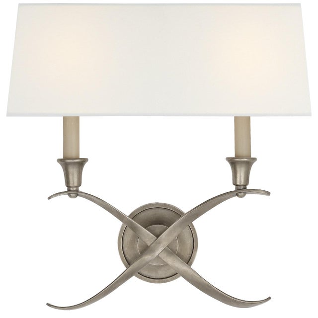 Chapman & Myers for Visual Comfort Signature Cross Bouillotte Large Sconce in Antique Nickel with Linen Shade For Sale