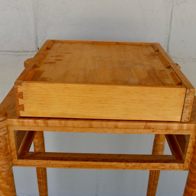 1984 Handcrafted One Drawer Bird’s Eye Maple Display Stand With Blue and White Platter For Sale - Image 12 of 18