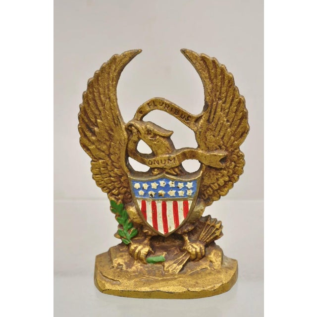 Antique Patriotic Cast Iron Figural Gold American Flag & Eagle Painted Door Stop For Sale - Image 10 of 10