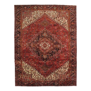 Vintage Hand-Knotted Persian Heriz Rug 9'8" X 12'9" For Sale