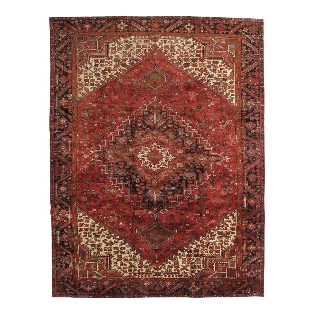 Vintage Hand-Knotted Persian Heriz Rug 9'8" X 12'9" For Sale
