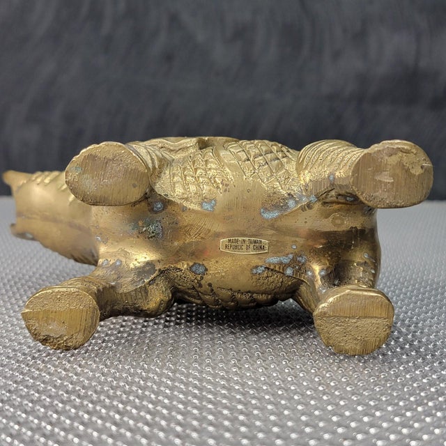 1950s Etched Solid Brass Elephant Figurine Trunk Up For Sale - Image 11 of 13