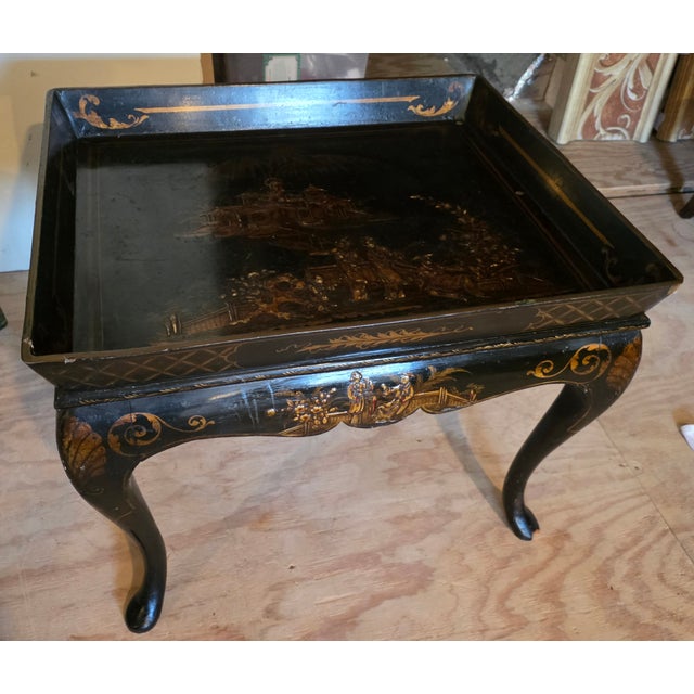 Beautiful antique deep Papier Mache Chinoiserie decorated tray that has been permanently attached to a antique custom...