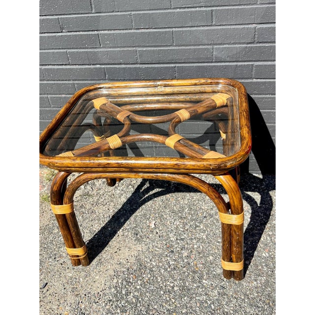 Mid 20th Century Ming Style Rattan Bamboo Console and Side Glass Top Table Palm Beach Hollywood Regency - Set of 2 For Sale - Image 4 of 7