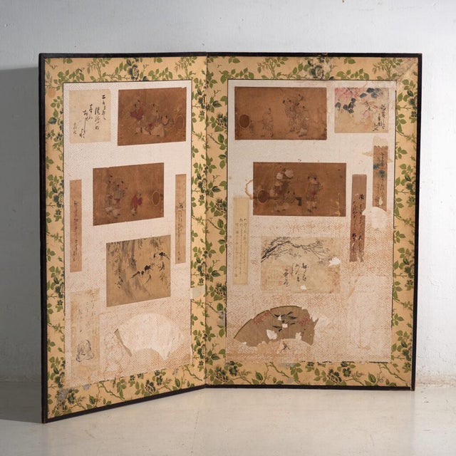 Antique Japanese Two-Panel Screen with Painting Collage, 1900 For Sale - Image 13 of 13