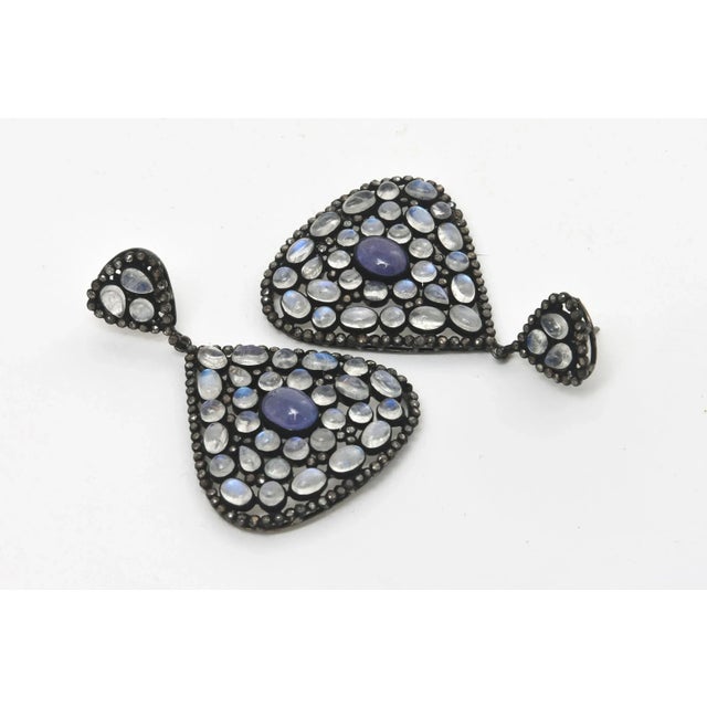 Modern Moonstone, Tanzanite and Black Diamond Dangle Drop Pierced Earrings , Blue Purple For Sale - Image 3 of 10