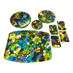 Mid-Century 8 Piece Vibrant Abstract Floral Fiberglass Trays, Serve Ware and Bowls Set
