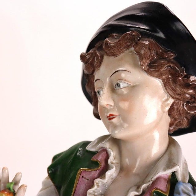 Victorian Pair Oversized Antique German Majolica Porcelain Figures of a Maiden & Lad C1920 For Sale - Image 3 of 16