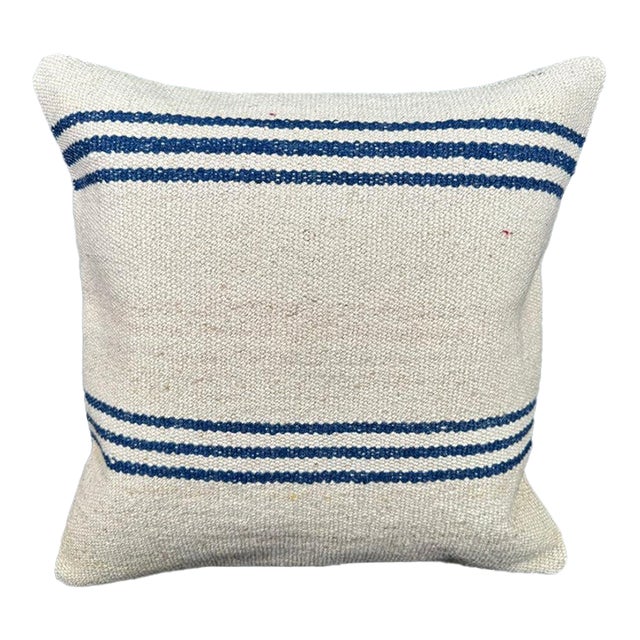 Turkish Hemp Pillow Cushion Natural Beige Blue Cushion Cover 20"x20" For Sale