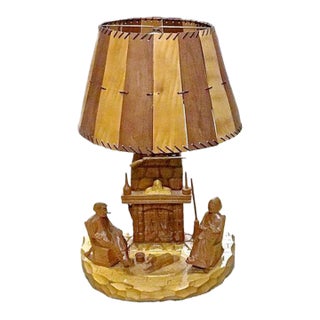 Antique Carved Folk Art Fireside Scene Lamp For Sale