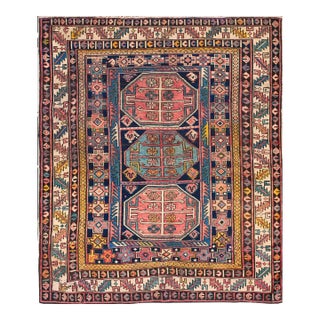 1930s Blue Geometric Tribal Antique Caucasian Shirvan Carpet 4' X 4'6'' Knotted Wool Rug For Sale