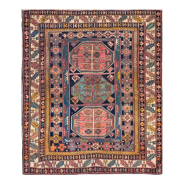 1930s Blue Geometric Tribal Antique Caucasian Shirvan Carpet 4' X 4'6'' Knotted Wool Rug For Sale