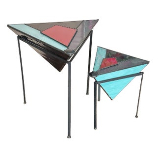 Vintage Post Modern Artist Signed Stained Glass Boxes on Iron Stands Pair For Sale