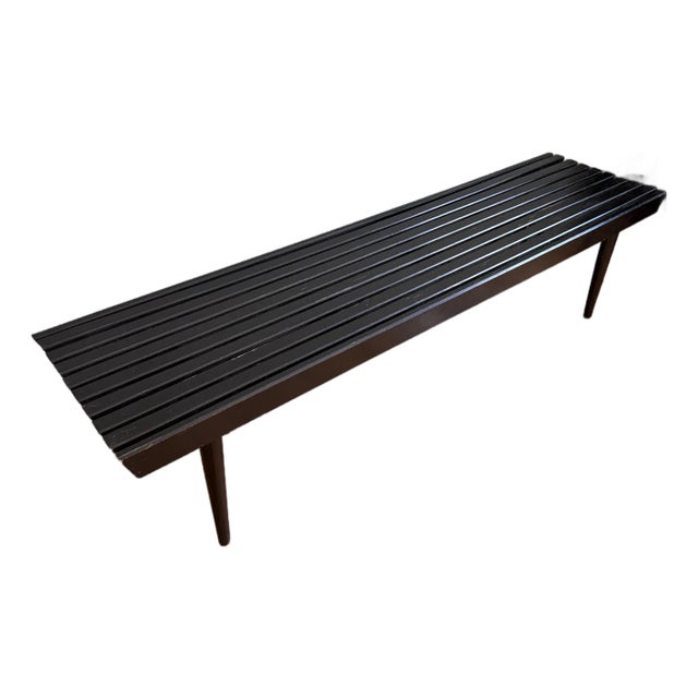 1960s MCM Vintage Black Slat Wood Bench For Sale