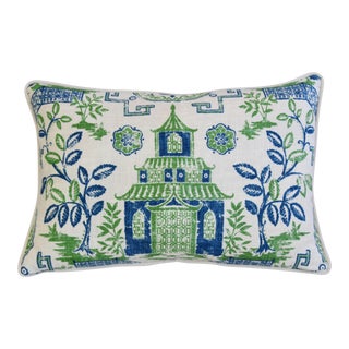 Blue, Green & White Chinoiserie Pagoda Tea House Feather/Down Pillow 26" X 16" For Sale