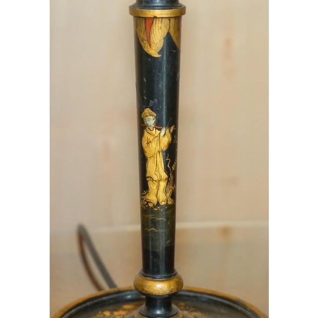 Wood Chinese Chinoiserie Black Lacquer Table Lamp, 1920s For Sale - Image 7 of 16