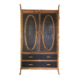 Antique British Colonial Grass Cloth and Burnt Bamboo Wardrobe For Sale