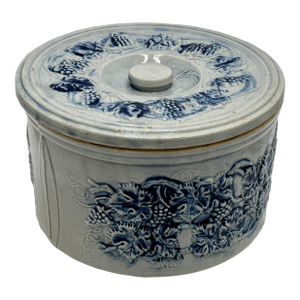 Unusual Antique American Blue Decorated Embossed Grapevine Motif Stoneware Butter Crock - Circa 1890s