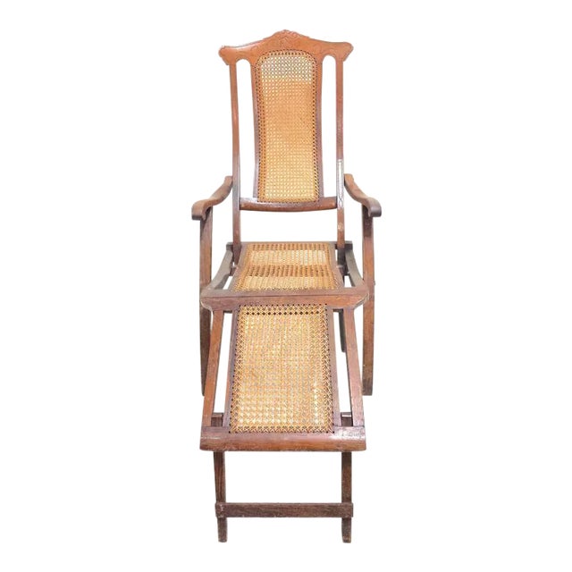 Antique Folding Luxury Wood Cane Steamer Deck Chair, Circa 1890, England From a Luxury Ocean Liner t For Sale