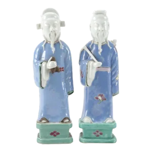 Antique 19th Century Chinese Export Famille Rose Porcelain Figures of Immortals in Clair De Lune Blue Glaze - Set of 2