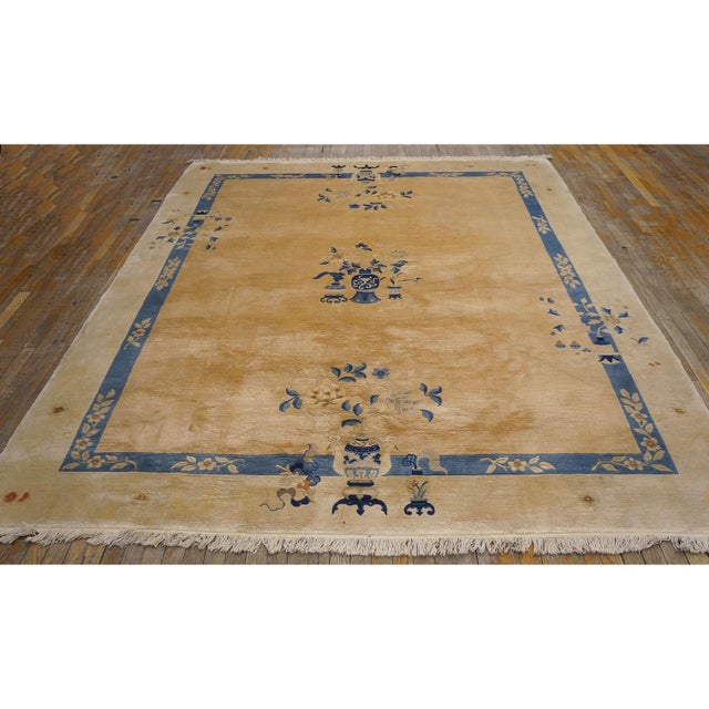 Textile 1980s Beige Floral Open Field Large Scale Vintage Chinese Peking Knotted Rug For Sale - Image 7 of 11