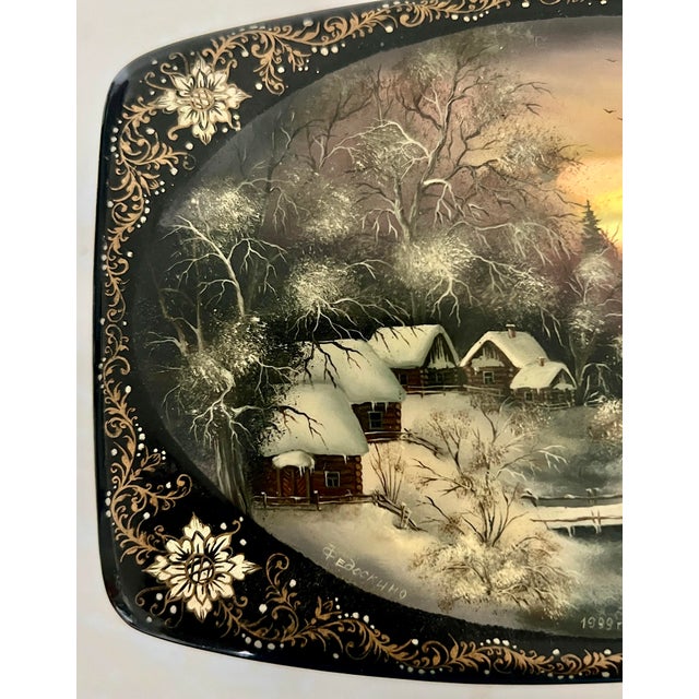 Vintage Russian Black Lacquer Fedoskino Box, Mother of Pearl Sunset, Winter Snow, Artist Signed & Dated For Sale - Image 11 of 13