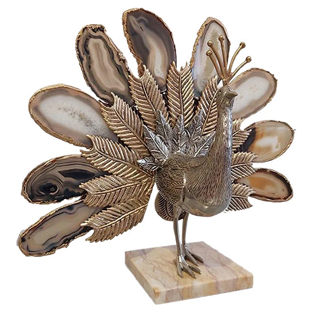 Agate Peacock Sculpture Attributed to Willy Daro For Sale
