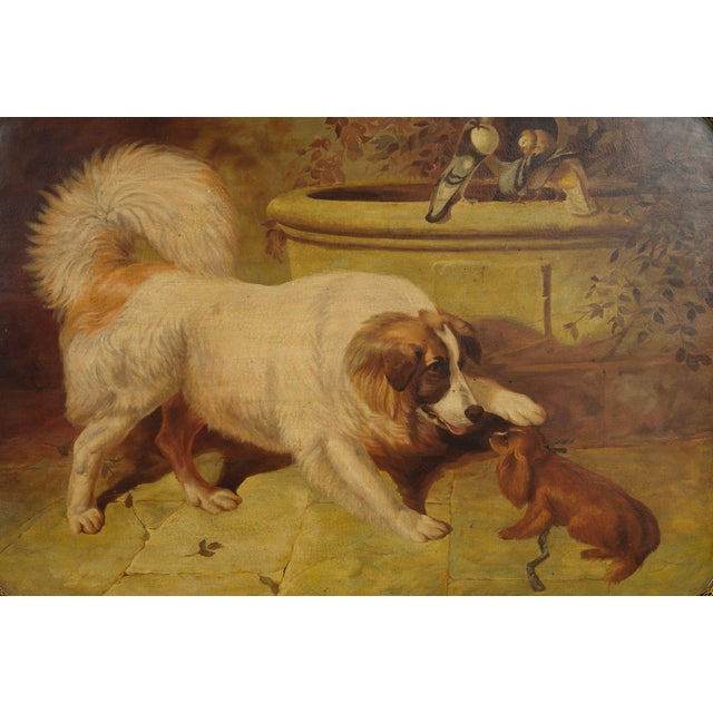 English 19th Century Painted Tôle Tray Depicting Playful Dogs and Turtle Doves For Sale - Image 9 of 11