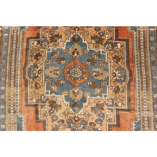 Textile Antique Turkish Colorful Oushak Gallery Rug in Blue Brown & Terra-Cotta For Sale - Image 7 of 9
