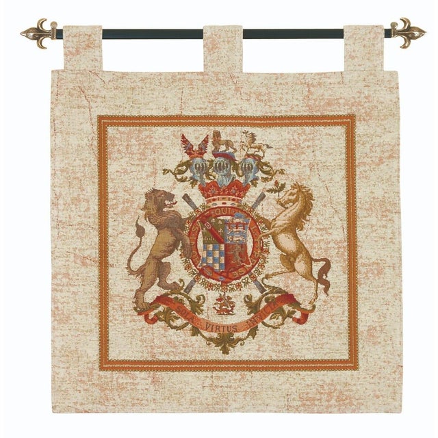 "This exquisite armorial tapestry showcases a regal coat of arms, intricately woven with rich colors and fine detail,...
