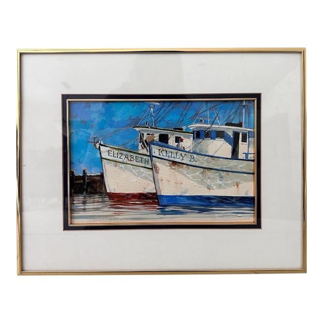 Roger Bansemer American Original Painting ‘Shrimp Boats’ — Framed 18×14, Nautical Scene For Sale