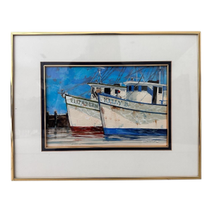 Roger Bansemer American Original Painting ‘Shrimp Boats’ — Framed 18×14, Nautical Scene