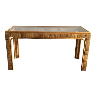 Vintage Rattan & Glass Console Table For Sale