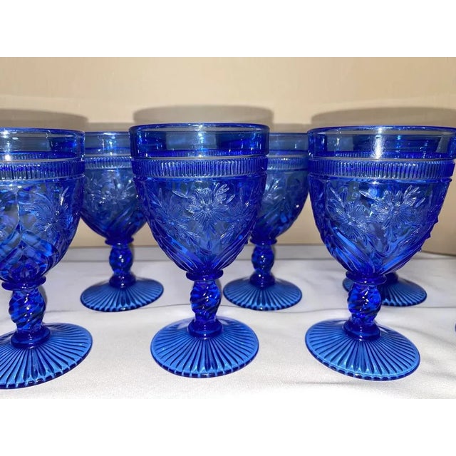 Victorian Set of 7 Intense Blue Early American Pattern Glass Floral Wine Goblets For Sale - Image 3 of 12