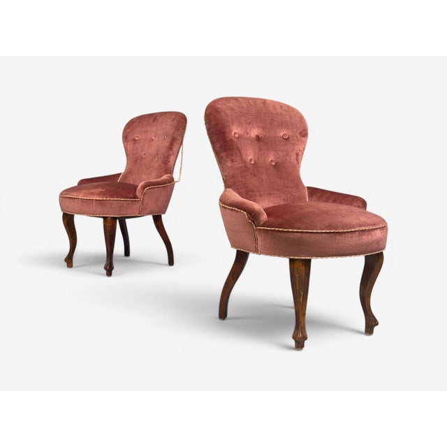Swedish Modern, Traditional Slipper Chairs, Pink Velvet, Wood, Sweden, 1950s Pair of Victorian style 'Emma' slipper or...