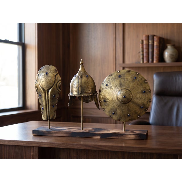 Hand Engraved Turkish Brass Armor Display Set For Sale - Image 9 of 11