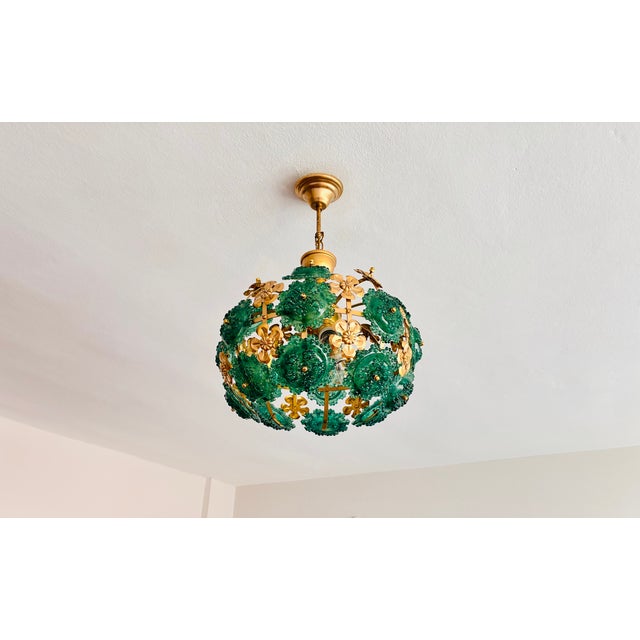 1970s Mid-Century Modern Style Teal Turquoise Hand-Painted Glass and Gold Floral Chandelier⁠ For Sale - Image 16 of 17