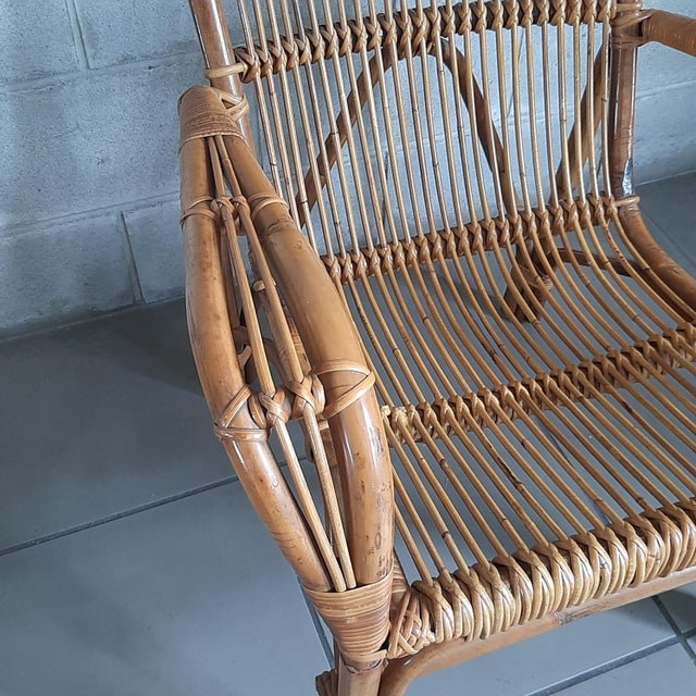 Beige Vintage Italian Rattan and Curved Bamboo Armchair, 1960 For Sale - Image 8 of 14