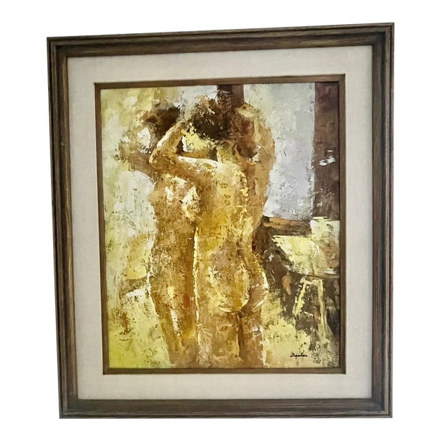 1980s Contemporary Original Impressionist Art Impasto Painting Nude Woman in a Mirror Signed Barton, Framed For Sale