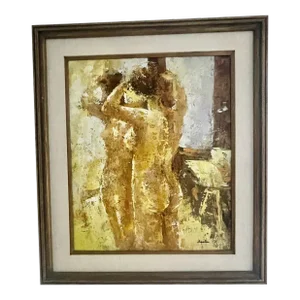1980s Contemporary Original Impressionist Art Impasto Painting Nude Woman in a Mirror Signed Barton, Framed