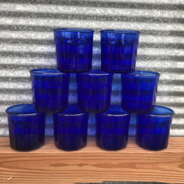 Vintage French Cobalt Blue 10 Panel Short Tumbler Glasses Set of 9