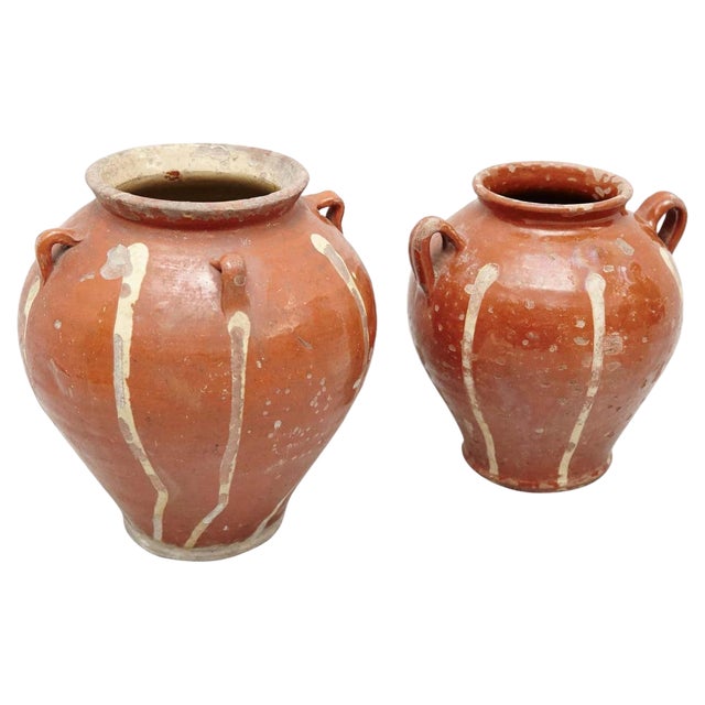 19th Century Hand Painted Rustic Popular Traditional Ceramic Vases, Set of 2 For Sale