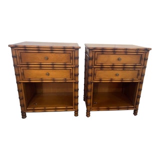 Pair of Custom Made One of Kind Hard Wood Faux Bamboo Two Drawer Stands For Sale