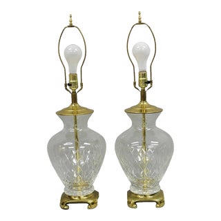 Vintagte Chinoiserie Diamond Crystal Glass Ginger Jar Brass Table Lamps - A Pair For Sale