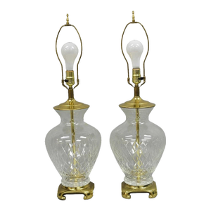 Vintagte Chinoiserie Diamond Crystal Glass Ginger Jar Brass Table Lamps - A Pair