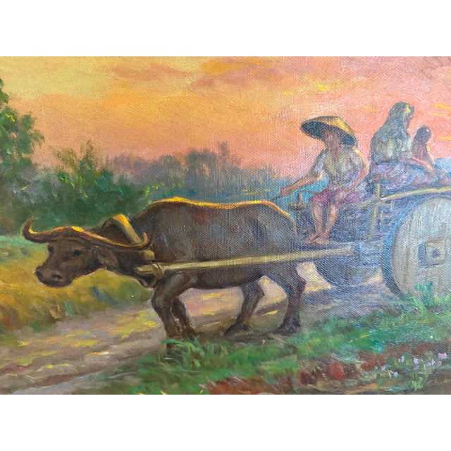 Midcentury Southeast Asian Oil Painting – Carabao Cart at Sunset “Homeward Bound” Signed by Listed Filipino Artist Jose Tinsay For Sale - Image 9 of 12