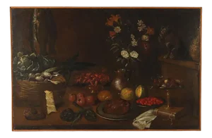 Italian Artist, Still Life with Fruit, Vegetables and Cat, 1600s, Oil on Canvas