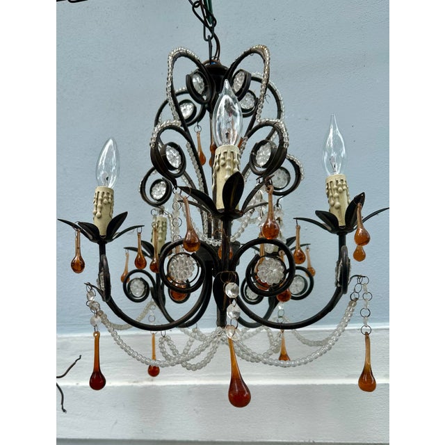 Vintage French Rococo Revival 6-Arm Wrought Iron Chandelier With Amber Glass Drops. For Sale - Image 12 of 12