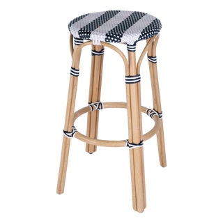 Tobias 30 in. Seat Height Round Rattan Backless Bar Stool, White/Navy Stripe/ Natural Rattan Frame For Sale