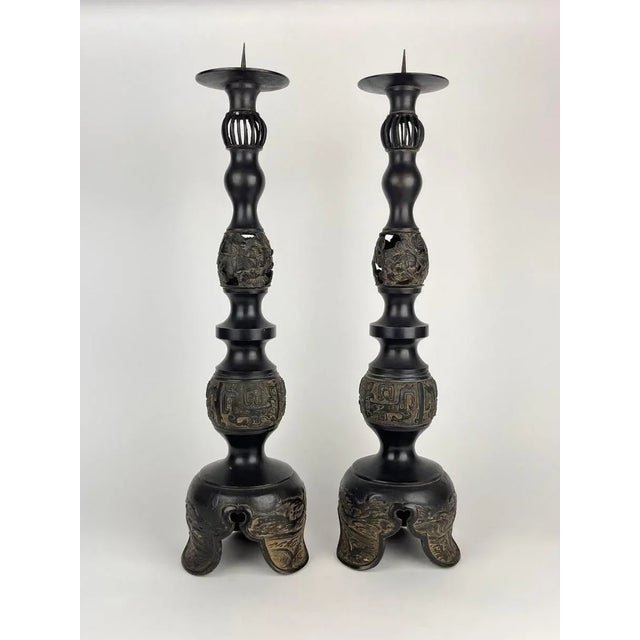 1940s 1940's Japanese Shōwa Bronze Candle Holders- a Pair For Sale - Image 5 of 5